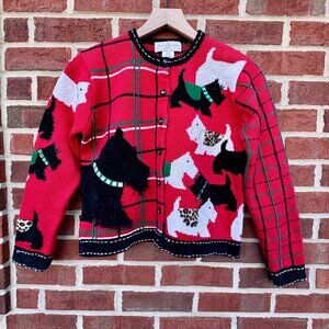 VTG Susan Bristol Scottie Dog Cardigan Sweater Petite Med Red Y2K